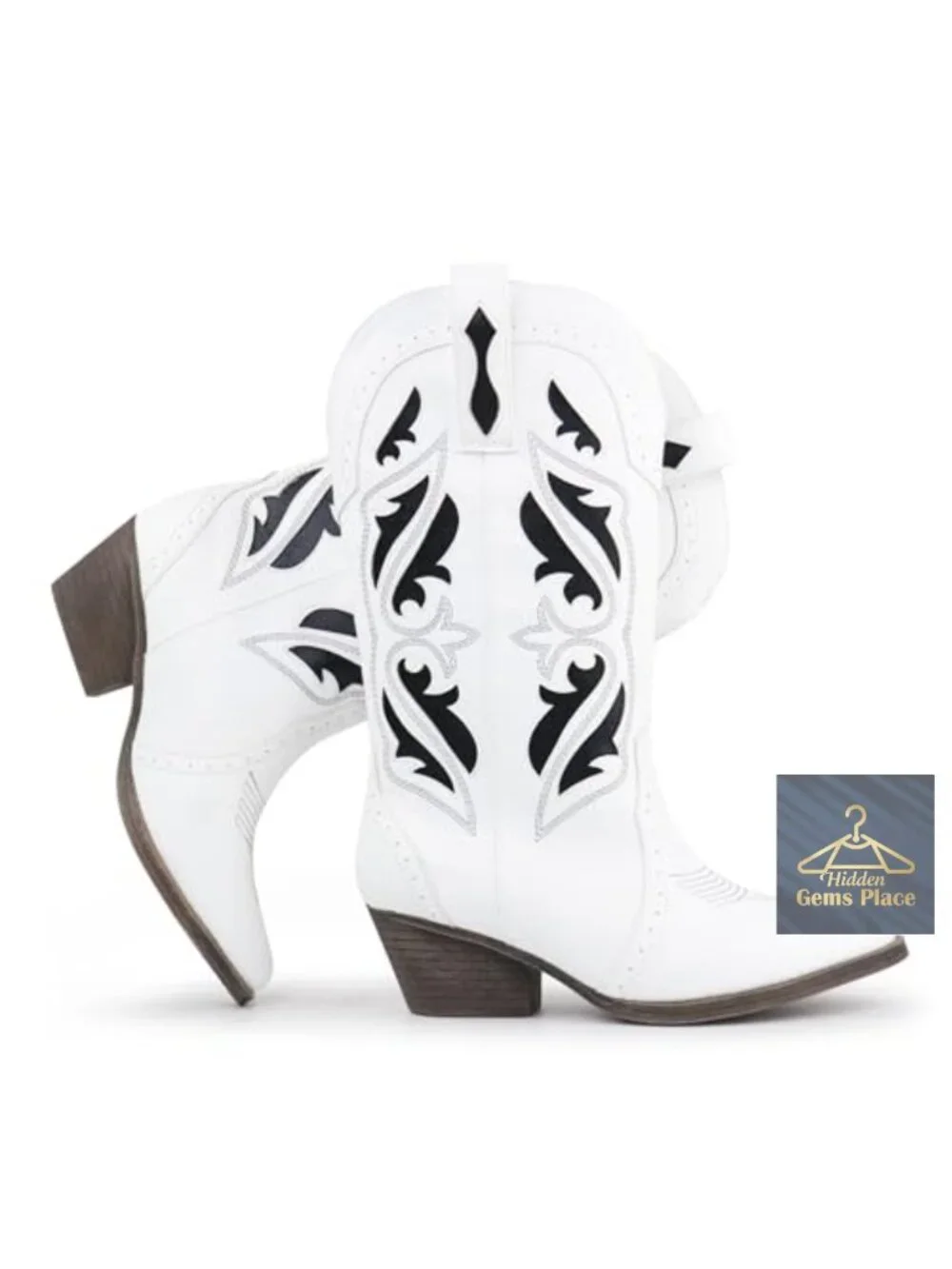 Embroidered Mid Calf Cowboy Boots Pointed Toe Chunky Block Heel Pull On Western